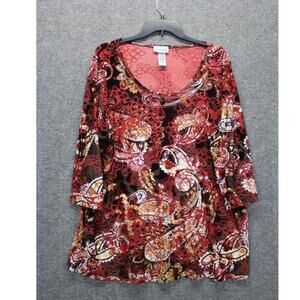 Catherines Velvet Velour Burnout Tunic Top Plus 1X 18/20W Red Paisley Floral